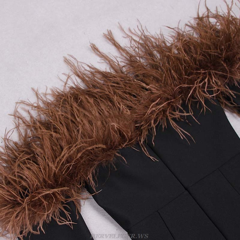 Herve Leger Brown Black Long Sleeve Feather Off Shoulder Midi Dress
