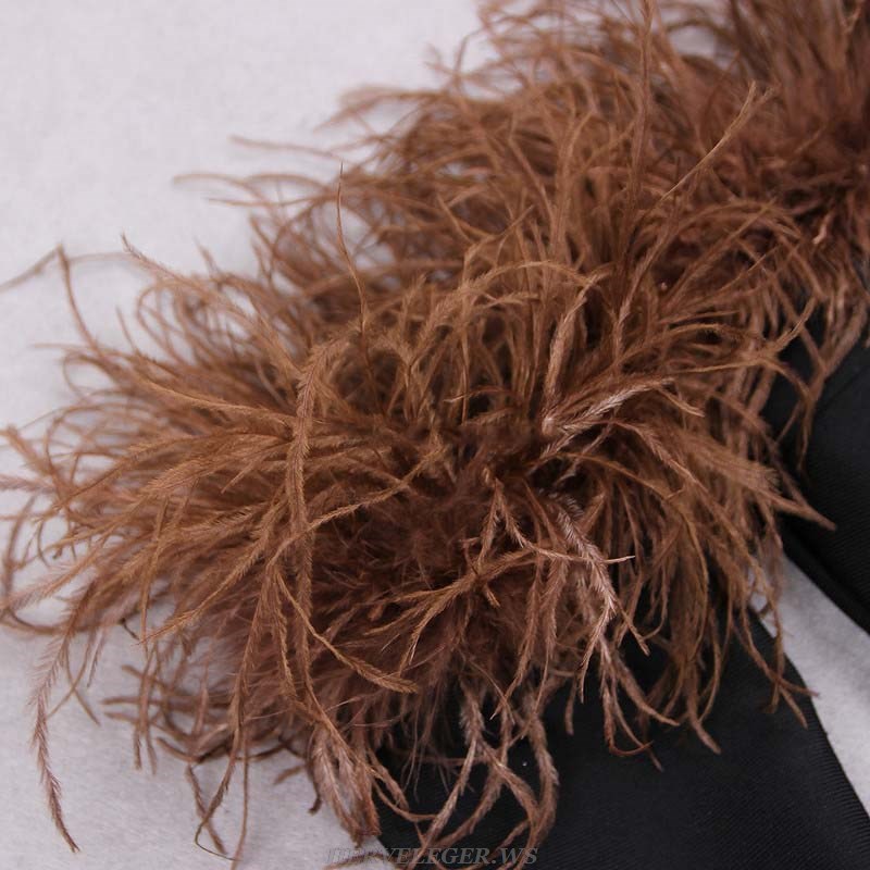 Herve Leger Brown Black Long Sleeve Feather Off Shoulder Midi Dress