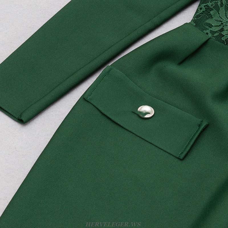 Herve Leger Green Long Sleeve Lace Midi Dress
