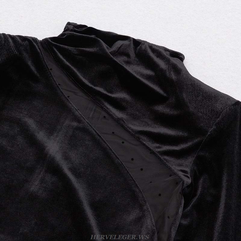 Herve Leger Black Long Sleeve Lace Midi Velvet Dress