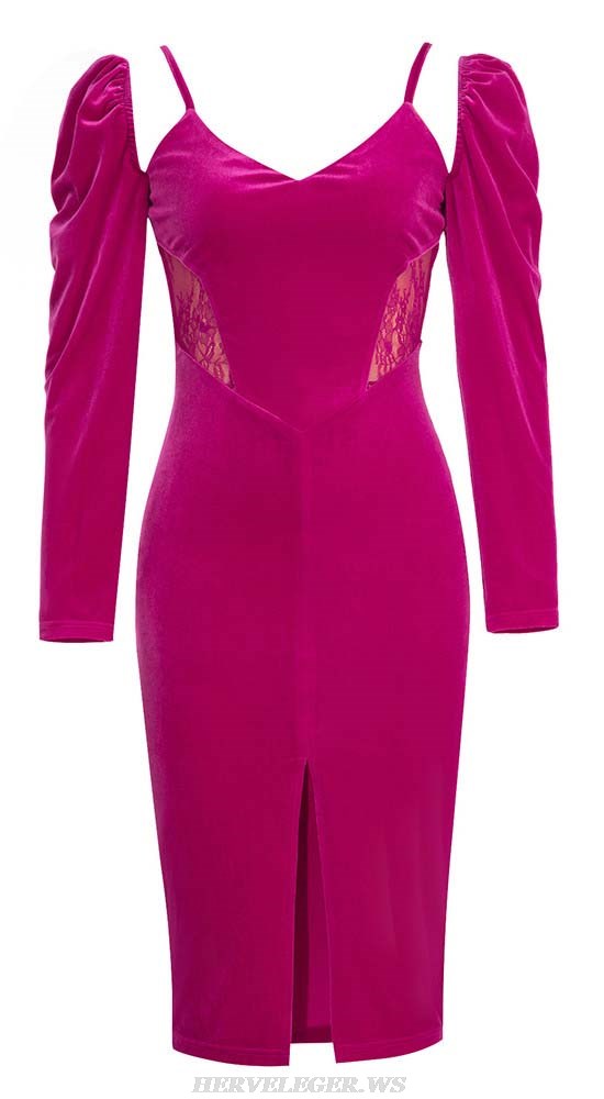 Herve Leger Hot Pink Long Sleeve Lace Midi Velvet Dress