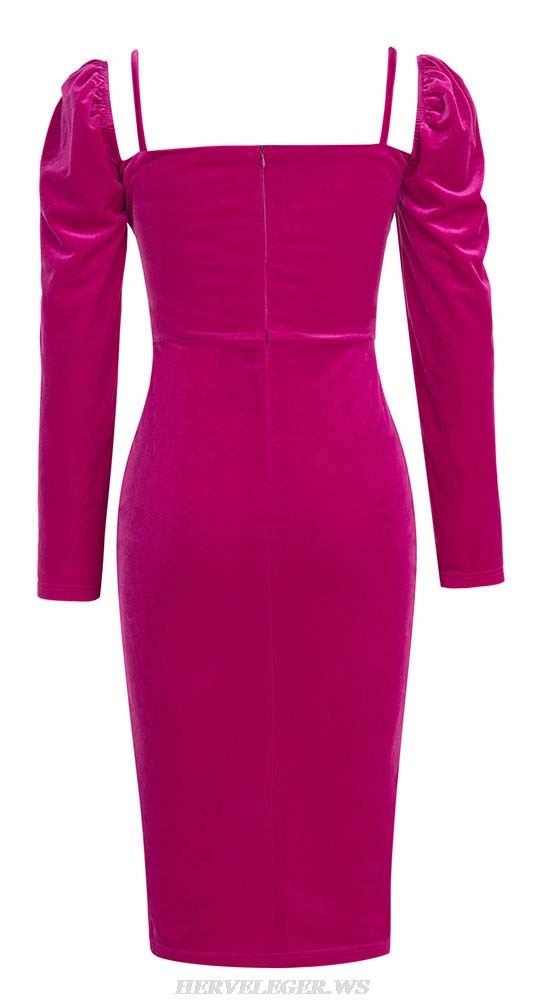 Herve Leger Hot Pink Long Sleeve Lace Midi Velvet Dress