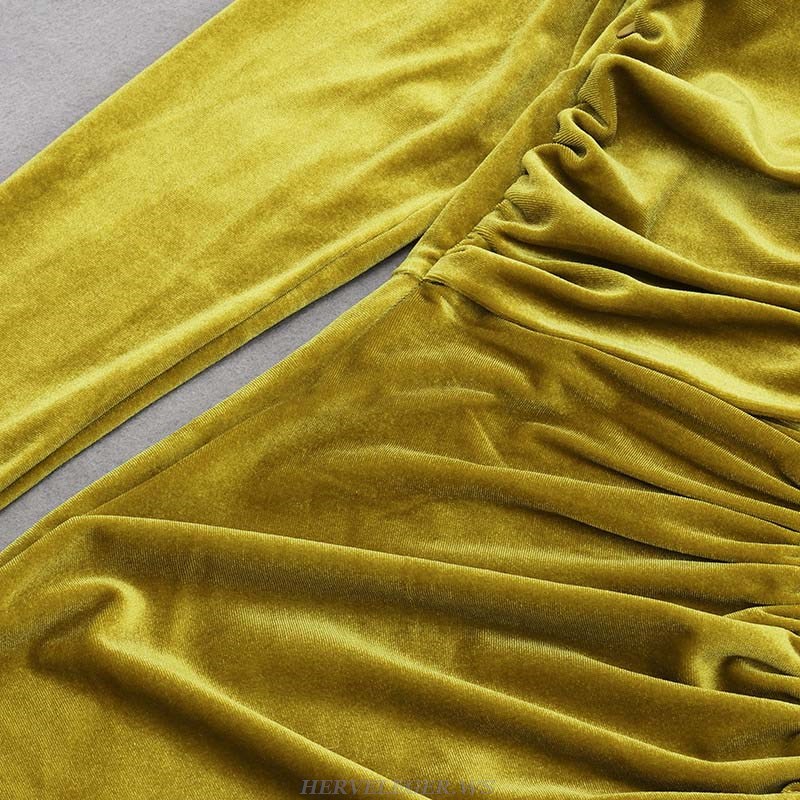 Herve Leger Yellow Long Sleeve Off Shoulder Draped Midi Velvet Dress