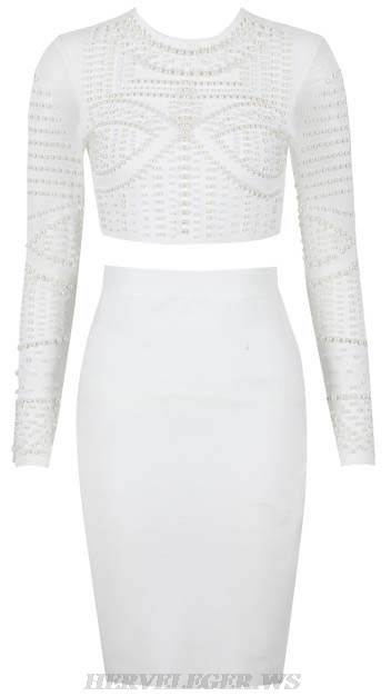 Herve Leger White Long Sleeve Pearl Two Piece Dress