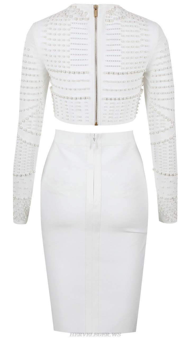 Herve Leger White Long Sleeve Pearl Two Piece Dress