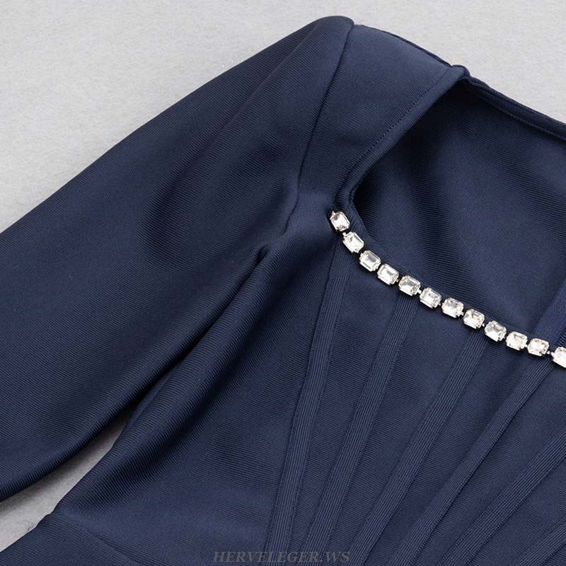 Herve Leger Blue Long Sleeve Rhinestone Structured Midi Dress