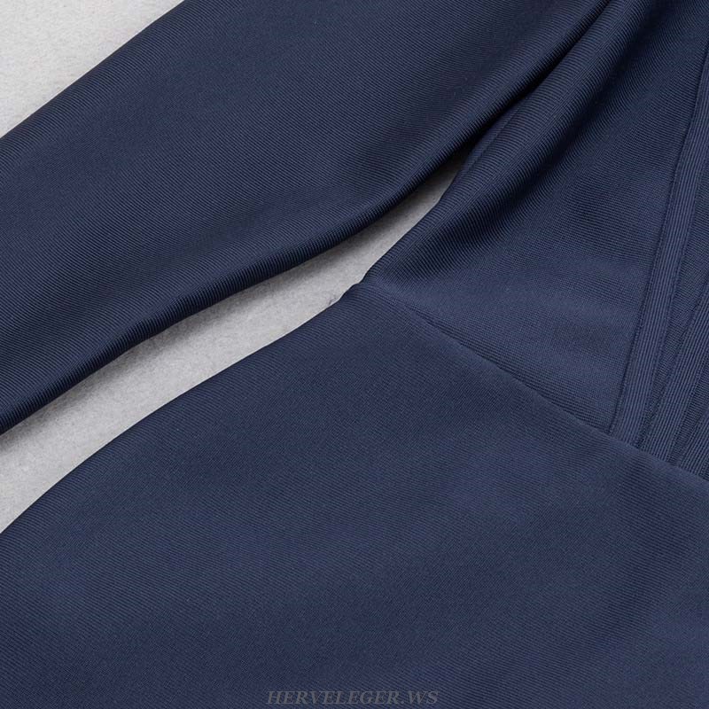 Herve Leger Blue Long Sleeve Rhinestone Structured Midi Dress