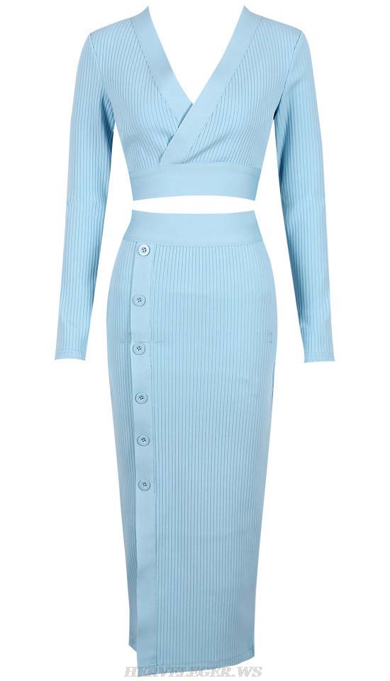 Herve Leger Blue Long Sleeve Ribbed Midi Two Piece Dress