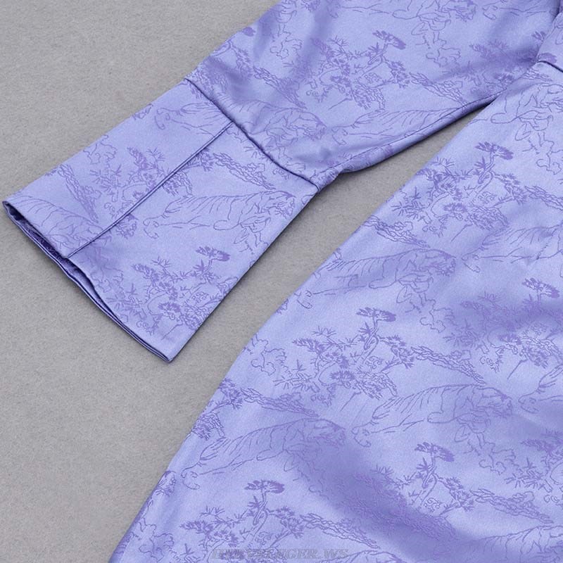 Herve Leger Purple Long Sleeve Ruched Silk Dress