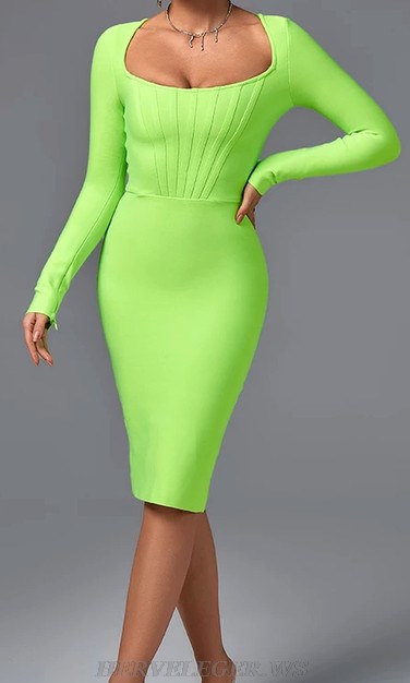 Herve Leger Green Long Sleeve Structured Midi Dress