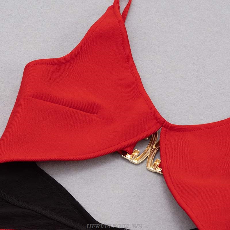 Herve Leger Red Black Mesh Cut Out Midi Dress