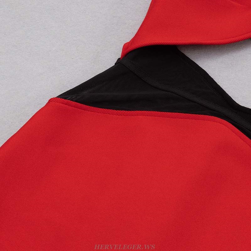 Herve Leger Red Black Mesh Cut Out Midi Dress
