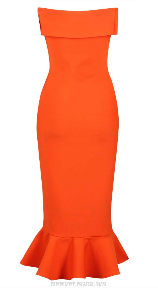 Herve Leger Orange Off Shoulder Ruffle Midi Dress