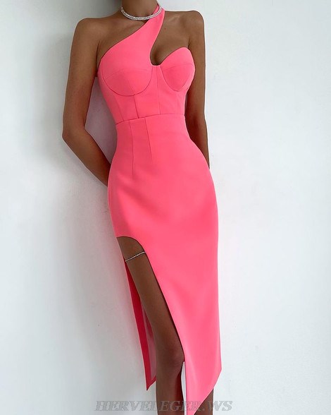 Herve Leger Hot Pink One Shoulder Bustier Midi Dress