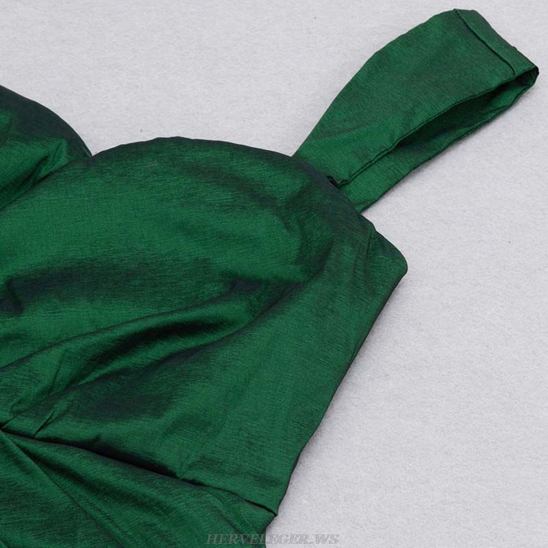 Herve Leger Green One Shoulder Draped Midi Dress