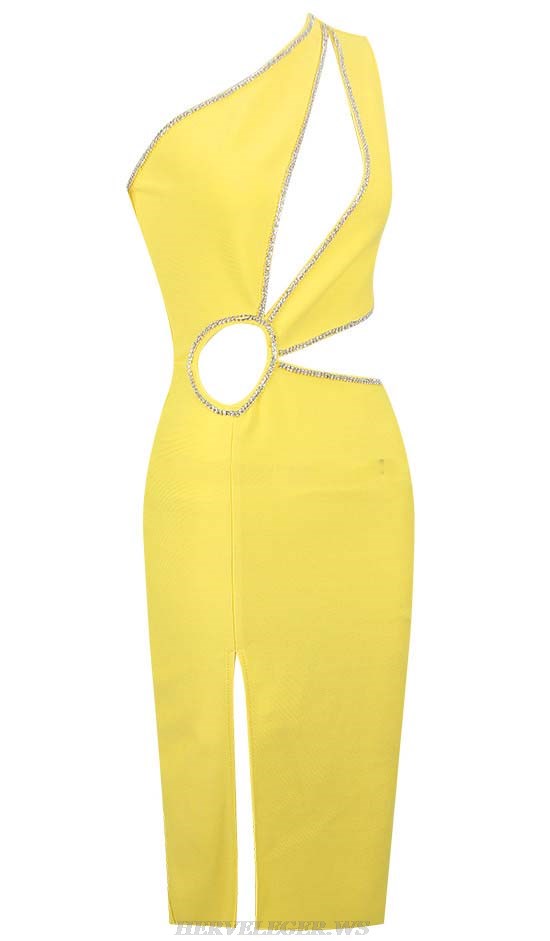 Herve Leger Yellow One Shoulder Rhinestone Trim Dress