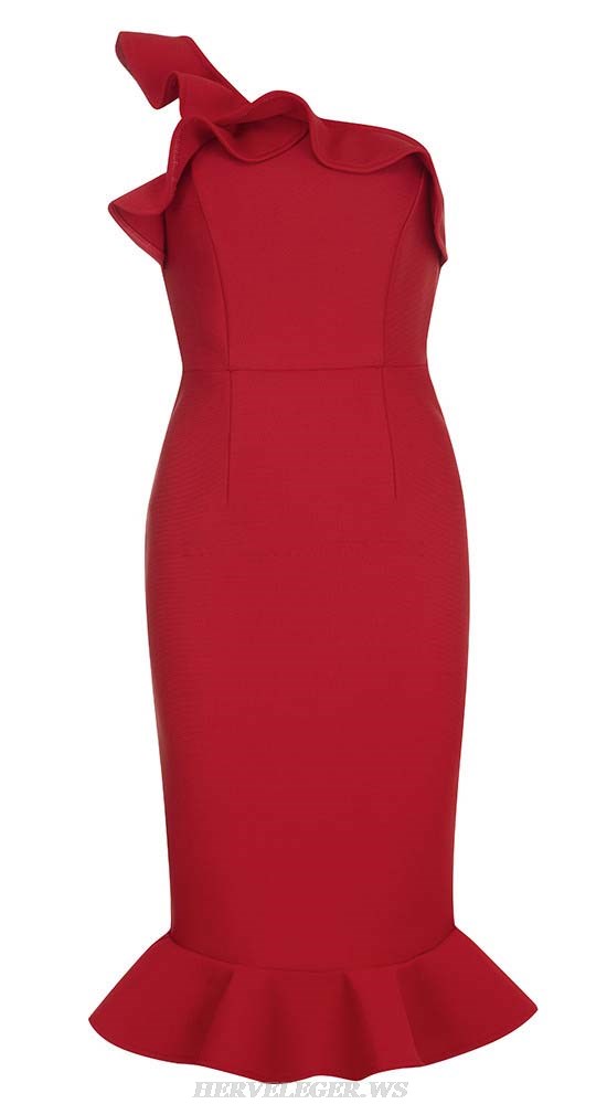 Herve Leger Red One Shoulder Ruffle Fluted Midi Dress