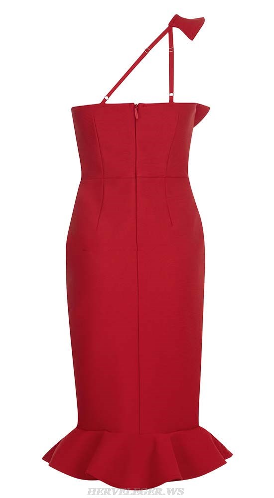 Herve Leger Red One Shoulder Ruffle Fluted Midi Dress