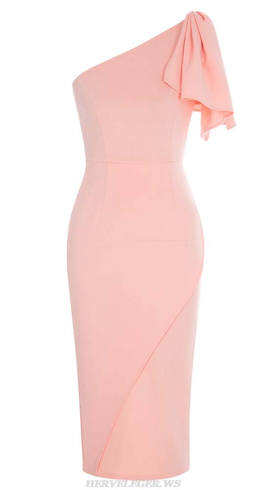 Herve Leger Pink One Shoulder Ruffle Midi Dress