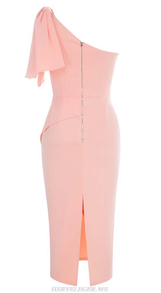 Herve Leger Pink One Shoulder Ruffle Midi Dress