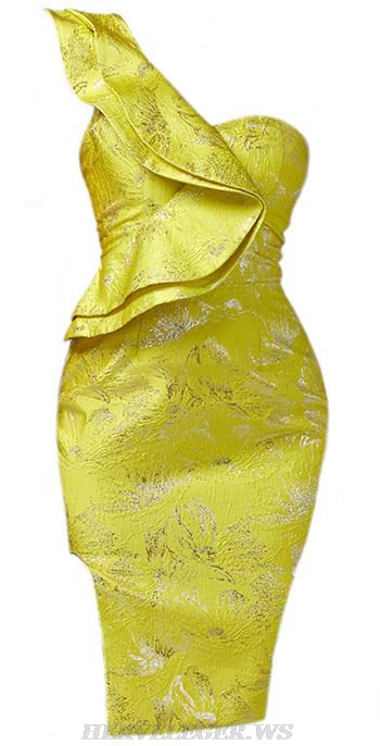 Herve Leger Yellow One Shoulder Ruffle Sparkly Midi Dress