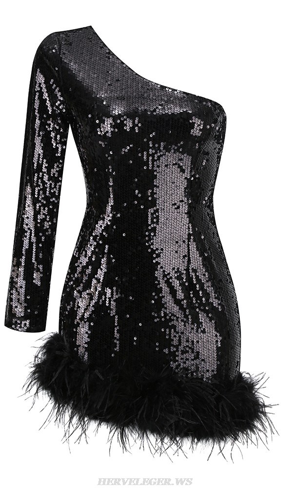Herve Leger Black One Sleeve Sequin Feather Dress