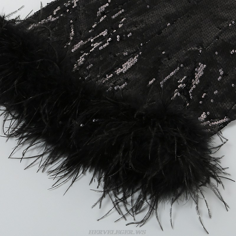 Herve Leger Black One Sleeve Sequin Feather Dress
