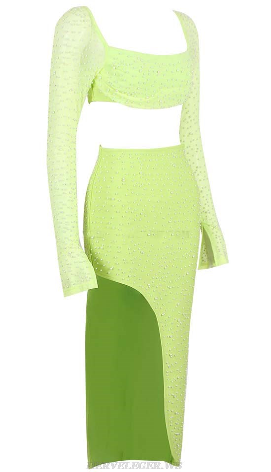 Herve Leger Green Pearl Long Sleeve Midi Two Piece Dress