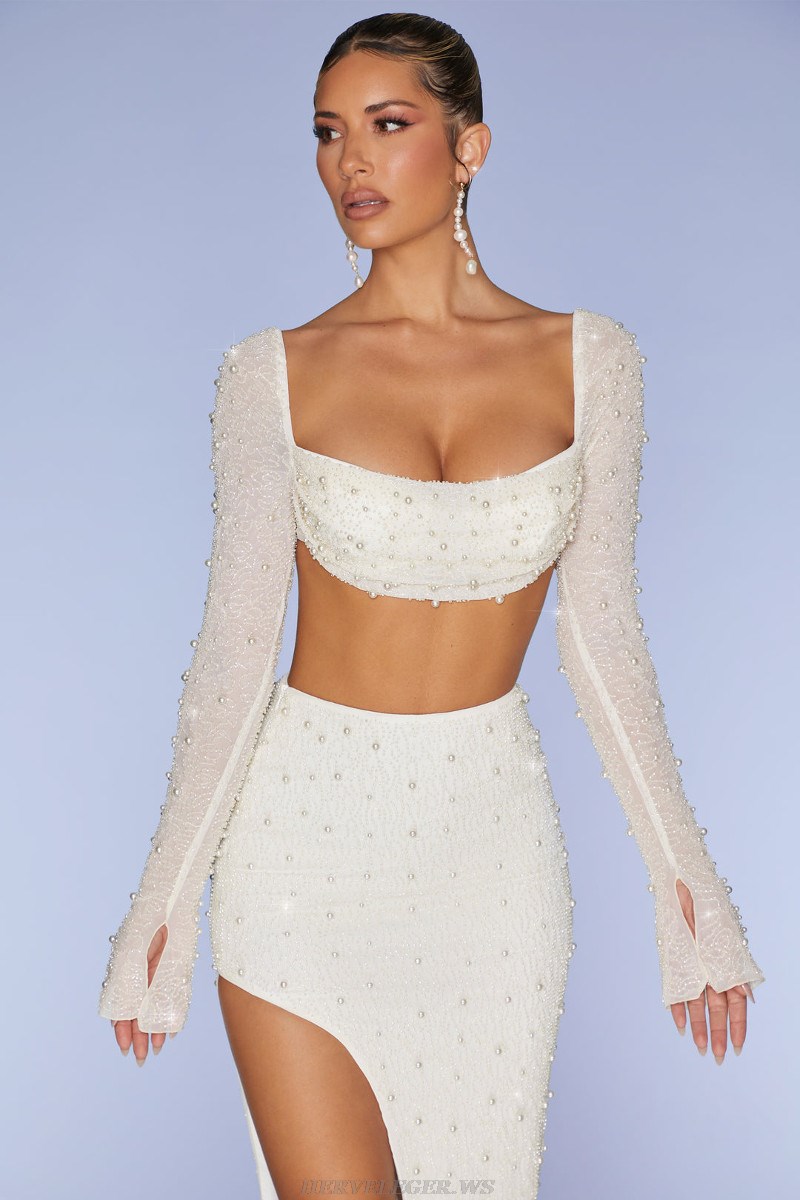 Herve Leger White Pearl Long Sleeve Midi Two Piece Dress
