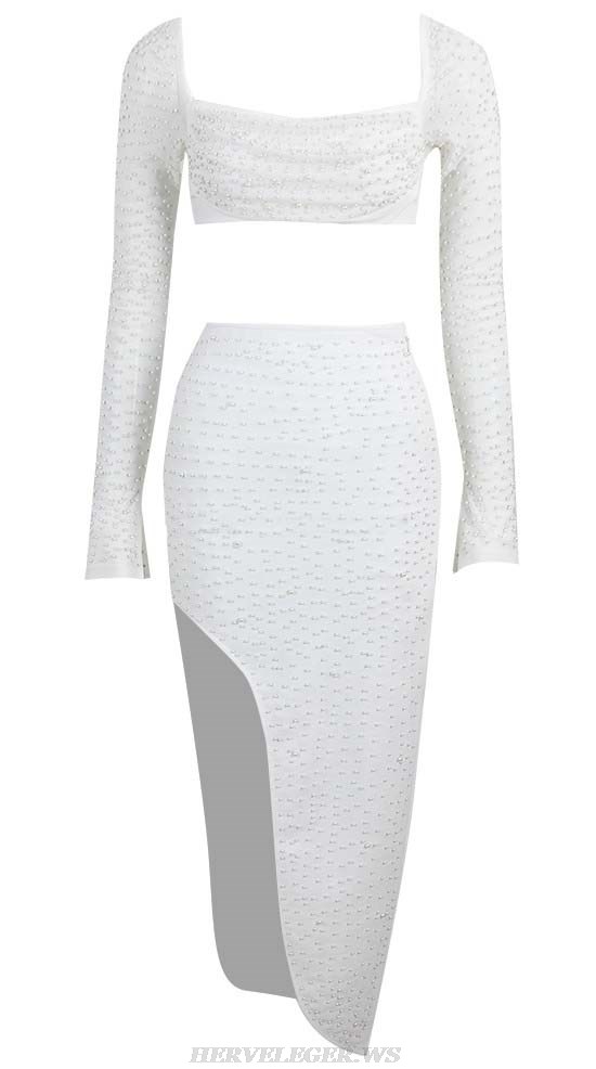 Herve Leger White Pearl Long Sleeve Midi Two Piece Dress