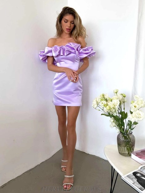 Herve Leger Lavender Puff Bardot Satin Dress