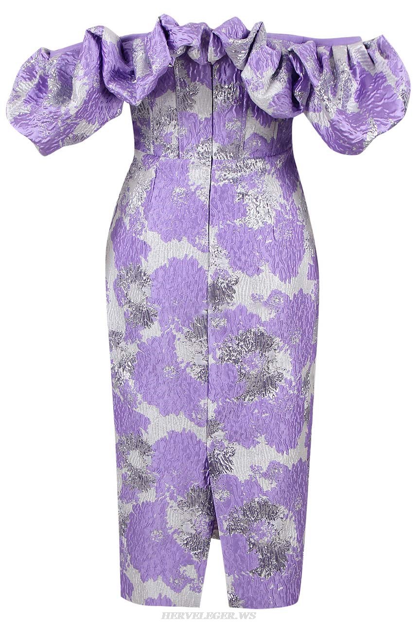 Herve Leger Purple Puff Off The Shoulder Midi Dress