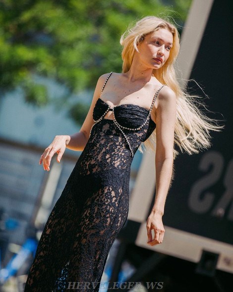 Herve Leger Black Rhinestone Bustier Crochet Midi Dress