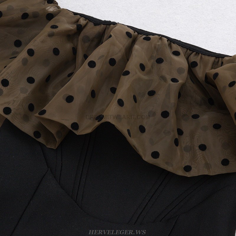Herve Leger Black Brown Ruffle Off Shoulder Midi Dress