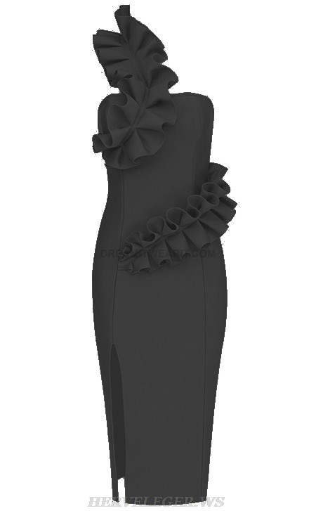 Herve Leger Black Ruffle One Shoulder Midi Dress