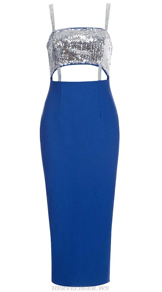 Herve Leger Blue Silver Sequined Cut Out Midi Dress