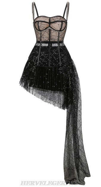 Herve Leger Black Sequined Mesh Bustier Two Piece Dress
