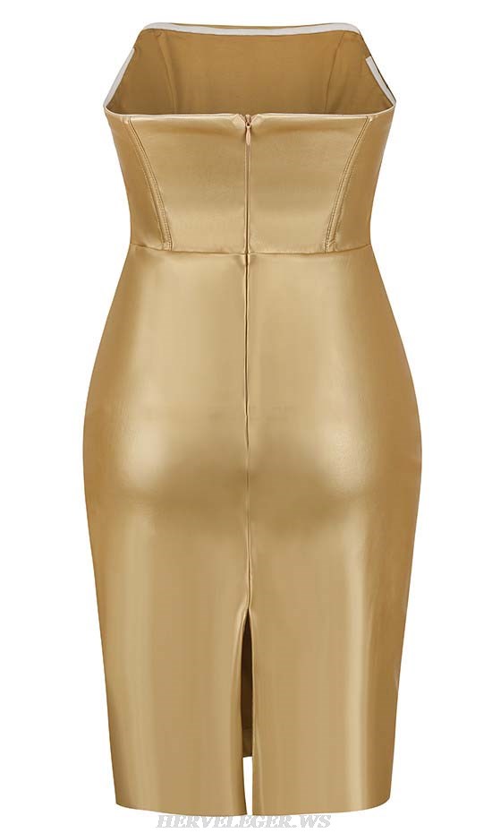 Herve Leger Gold Strapless Draped Corset Faux Leather Dress
