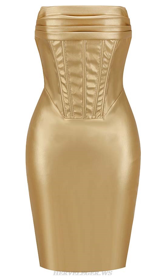 Herve Leger Gold Strapless Draped Corset Faux Leather Dress