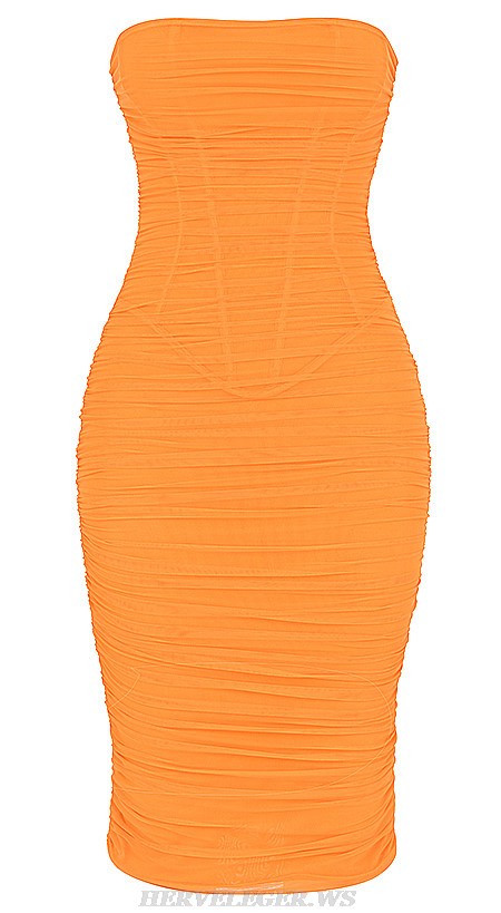 Herve Leger Orange Strapless Draped Mesh Corset Dress