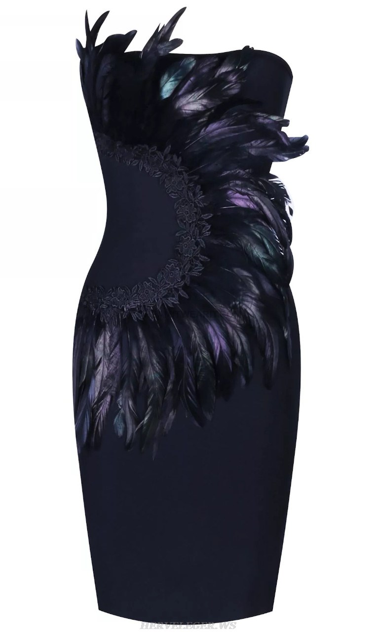 Herve Leger Black Strapless Feather Midi Dress