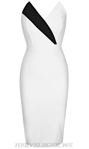 Herve Leger White Black Strapless Midi Dress