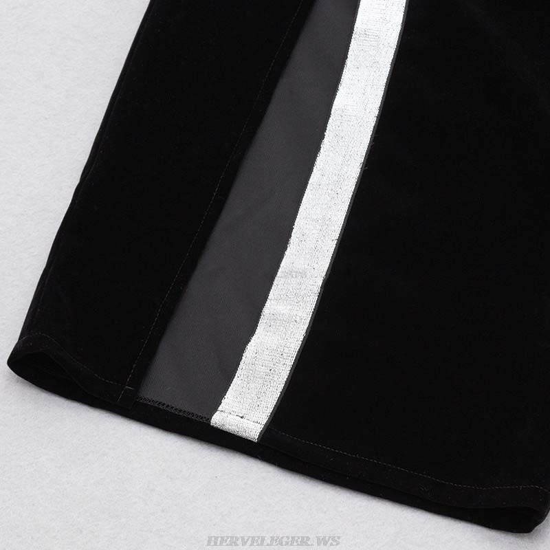 Herve Leger Black Strapless Silver Trim Midi Velvet Dress