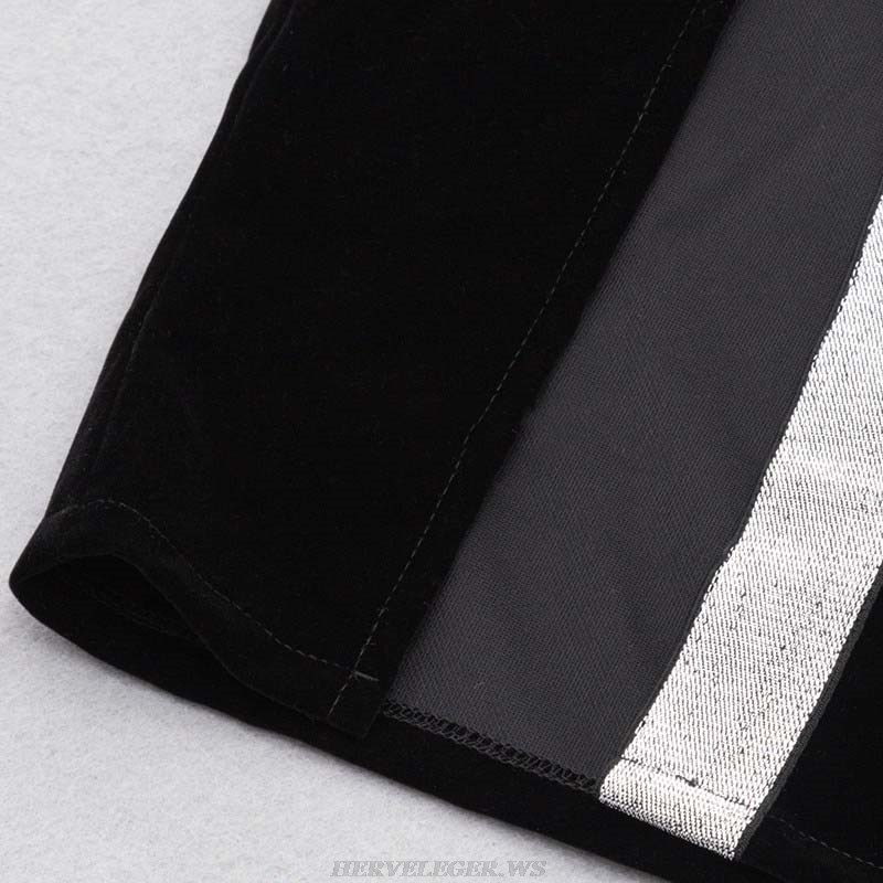 Herve Leger Black Strapless Silver Trim Midi Velvet Dress