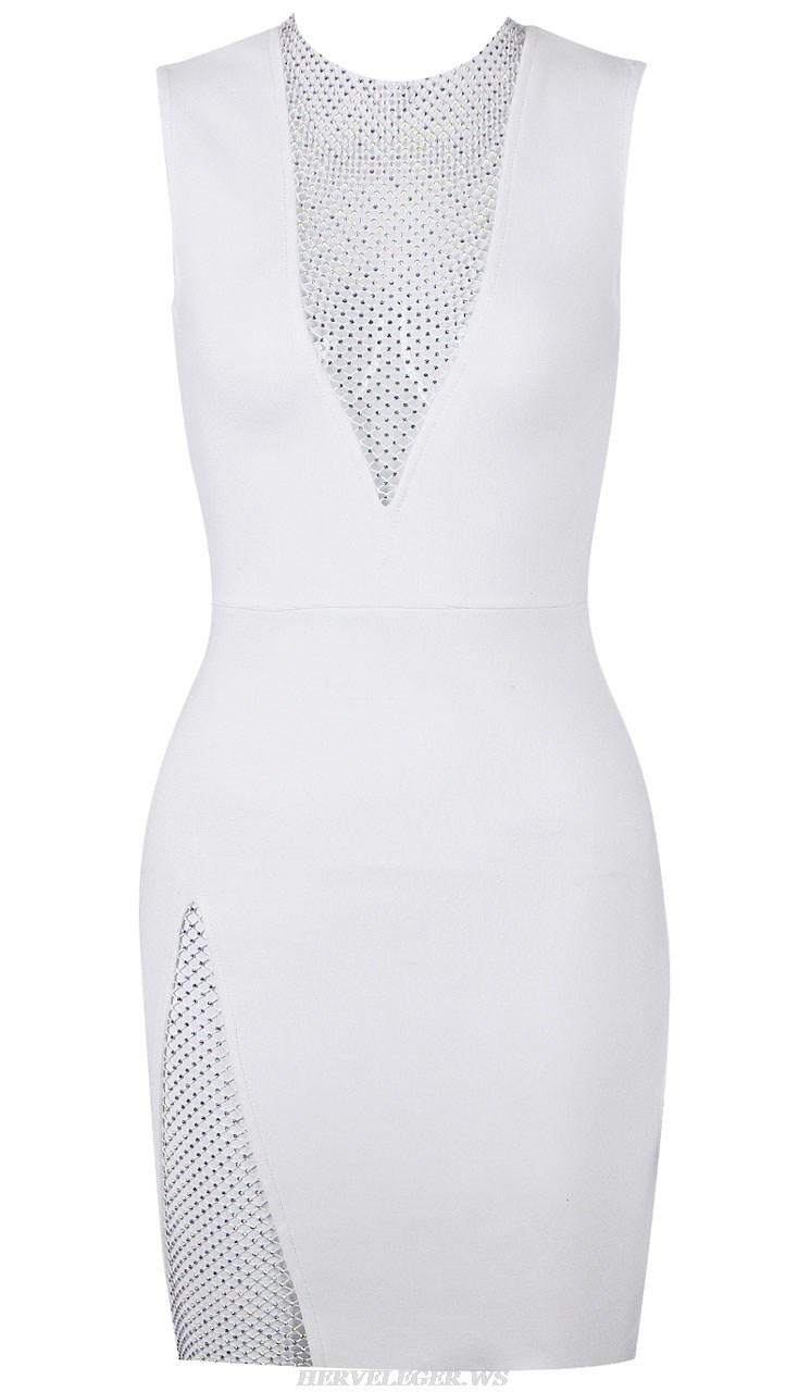 Herve Leger White Embellished Panel Dress