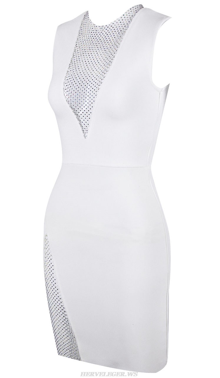 Herve Leger White Embellished Panel Dress