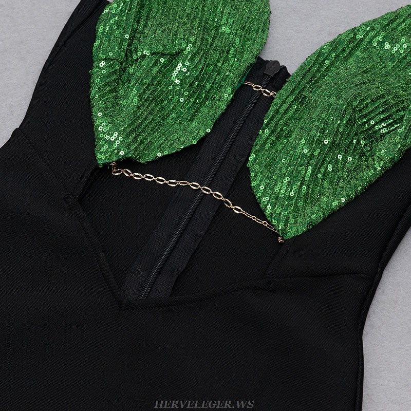 Herve Leger Green Black Halter Sequined Dress