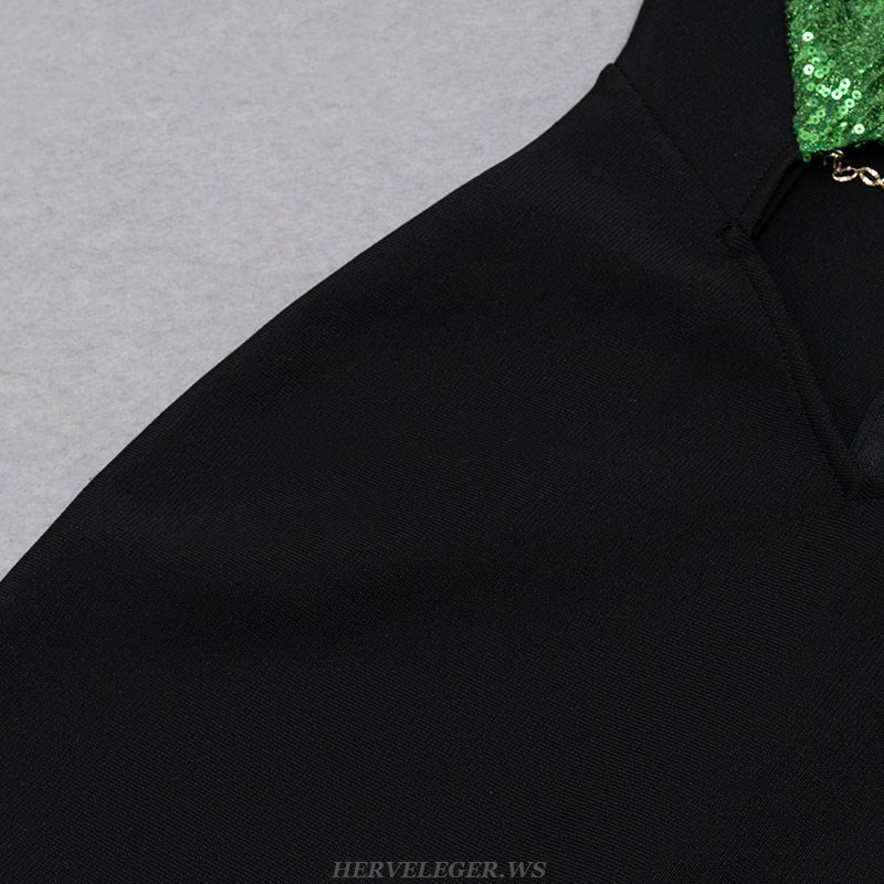 Herve Leger Green Black Halter Sequined Dress