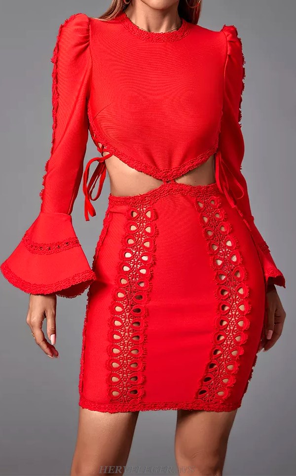 Herve Leger Red Long Sleeve Crochet Dress