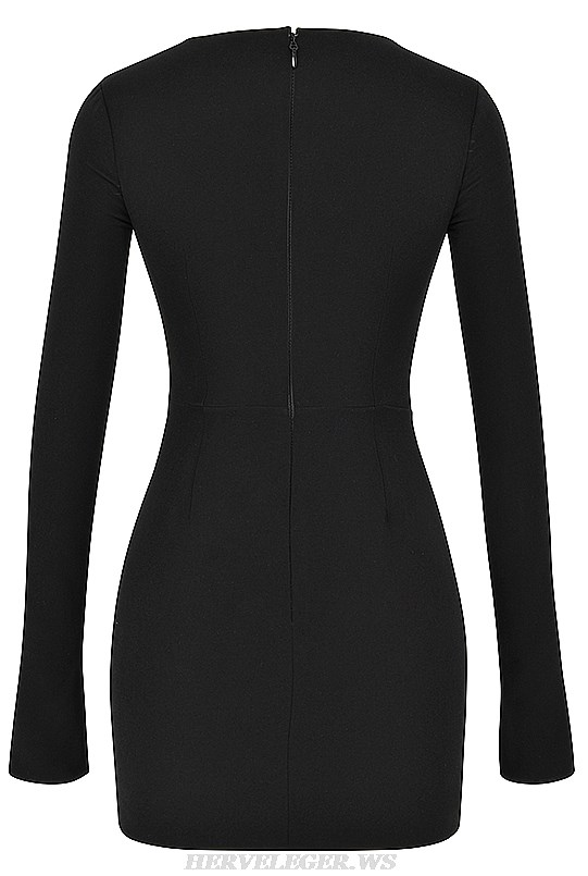 Herve Leger Black Long Sleeve Cut Out Ruched Dress